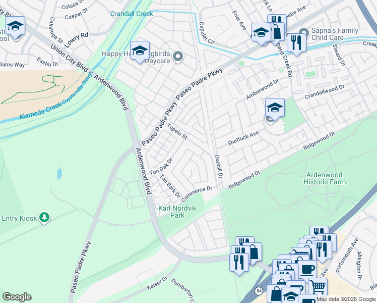 map of restaurants, bars, coffee shops, grocery stores, and more near 34322 Eucalyptus Terrace in Fremont