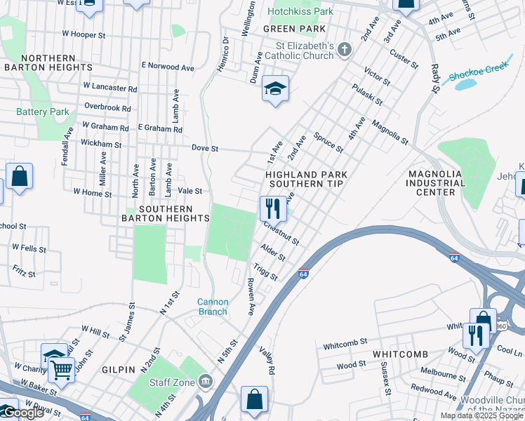 map of restaurants, bars, coffee shops, grocery stores, and more near 1905 2nd Avenue in Richmond