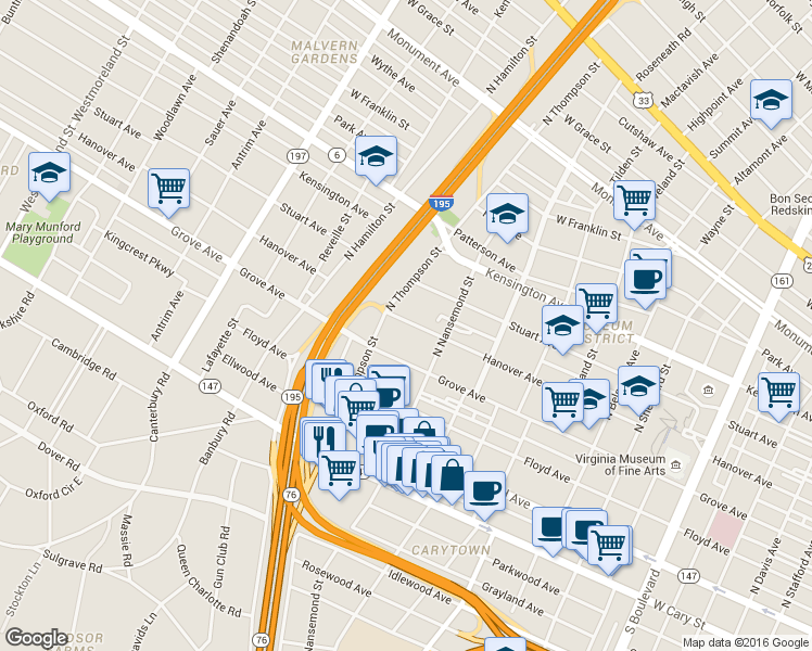 map of restaurants, bars, coffee shops, grocery stores, and more near 3529 Hanover Avenue in Richmond