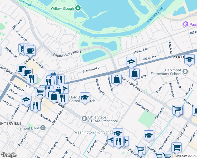 map of restaurants, bars, coffee shops, grocery stores, and more near 37604 Canterbury Street in Fremont