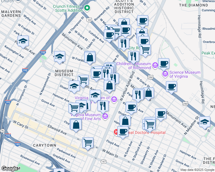 map of restaurants, bars, coffee shops, grocery stores, and more near 525 North Sheppard Street in Richmond