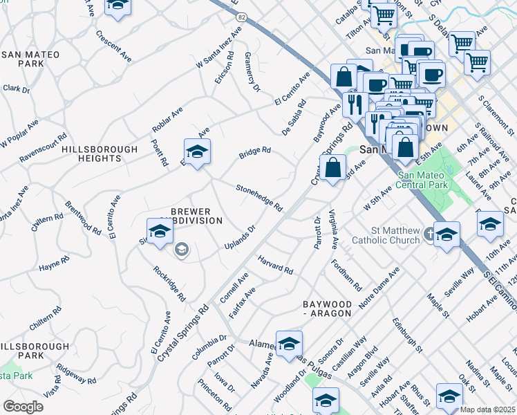 map of restaurants, bars, coffee shops, grocery stores, and more near 210 Uplands Drive in Hillsborough