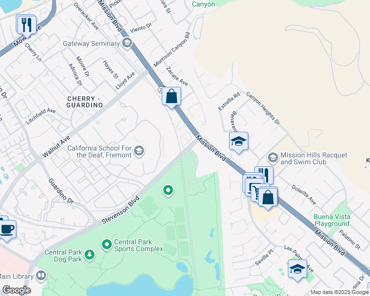 map of restaurants, bars, coffee shops, grocery stores, and more near 173 Stevenson Boulevard in Fremont