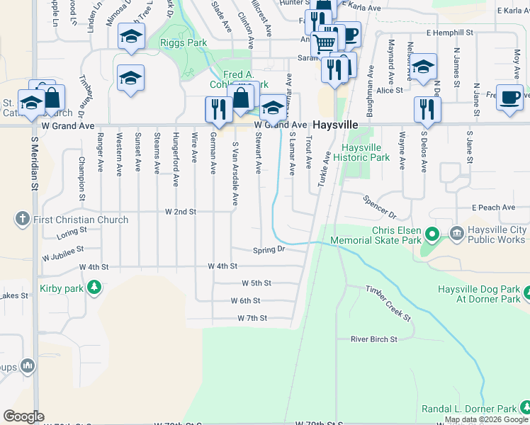 map of restaurants, bars, coffee shops, grocery stores, and more near 302 Stewart Avenue in Haysville