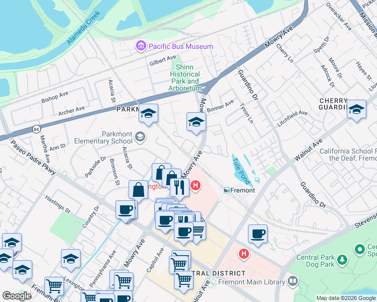 map of restaurants, bars, coffee shops, grocery stores, and more near 1755 Vancouver Green in Fremont