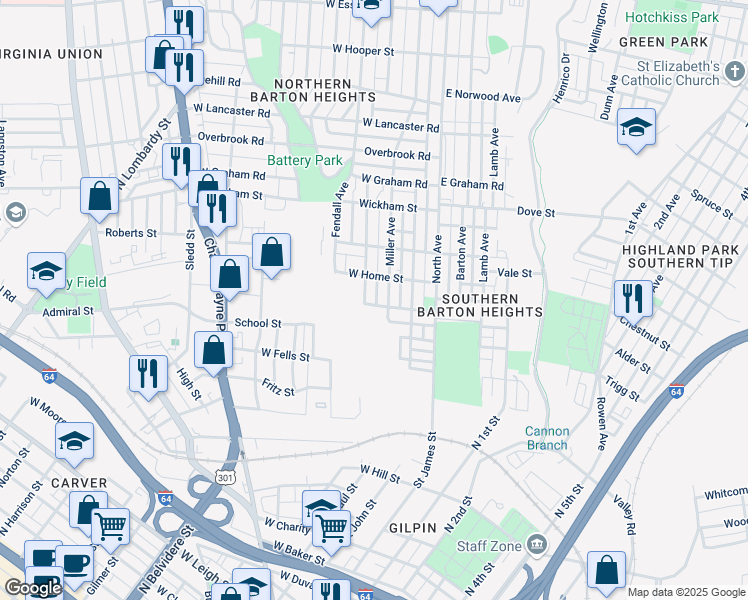 map of restaurants, bars, coffee shops, grocery stores, and more near 204 Yancey St in Richmond