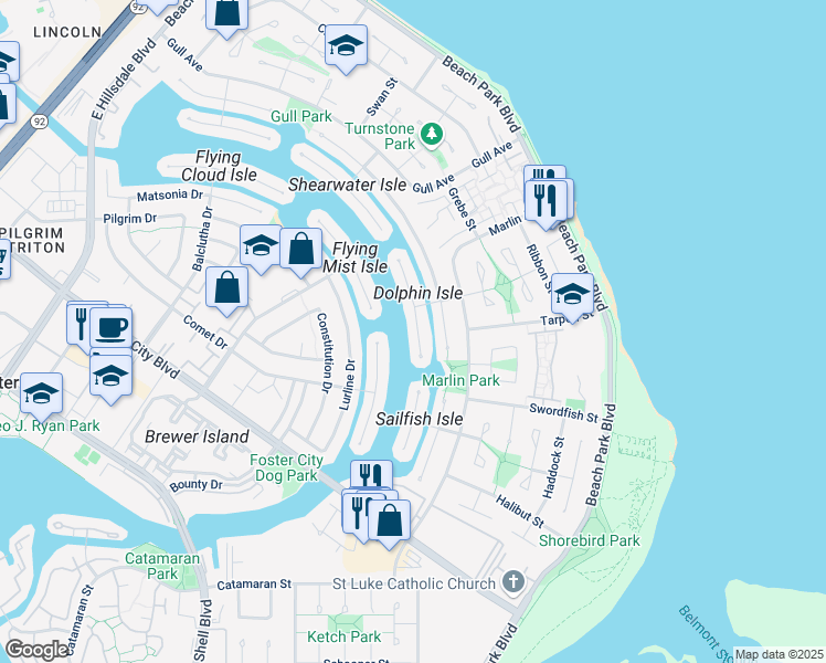 map of restaurants, bars, coffee shops, grocery stores, and more near 323 Dolphin Isle in Foster City