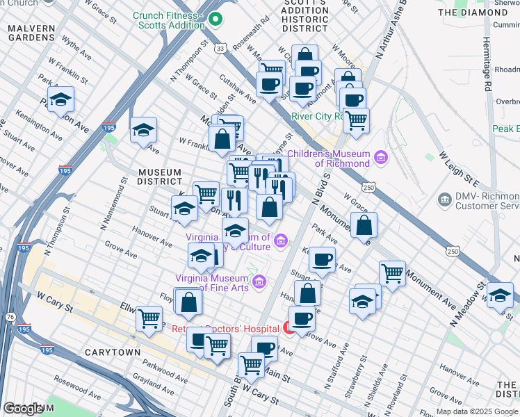 map of restaurants, bars, coffee shops, grocery stores, and more near 522 North Sheppard Street in Richmond