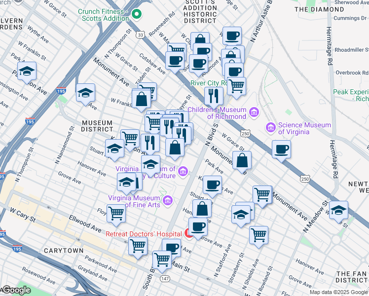 map of restaurants, bars, coffee shops, grocery stores, and more near 2901 Park Avenue in Richmond