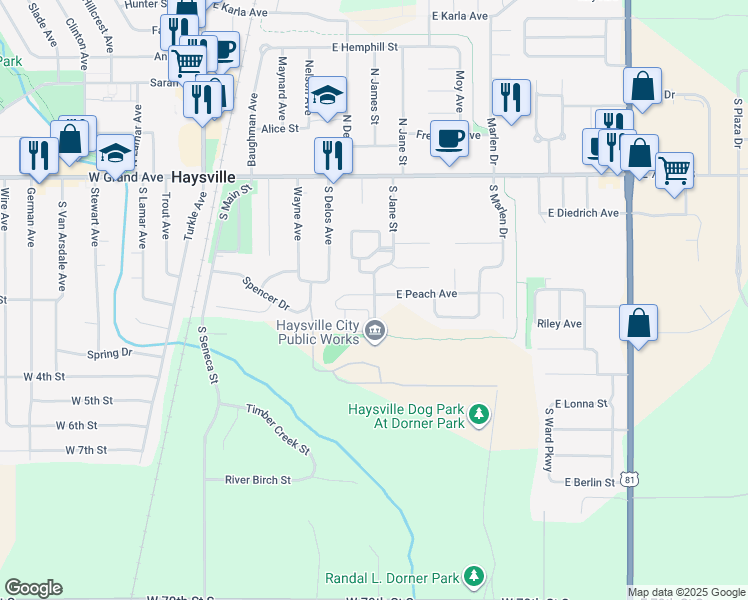 map of restaurants, bars, coffee shops, grocery stores, and more near 299 South Jane Street in Haysville