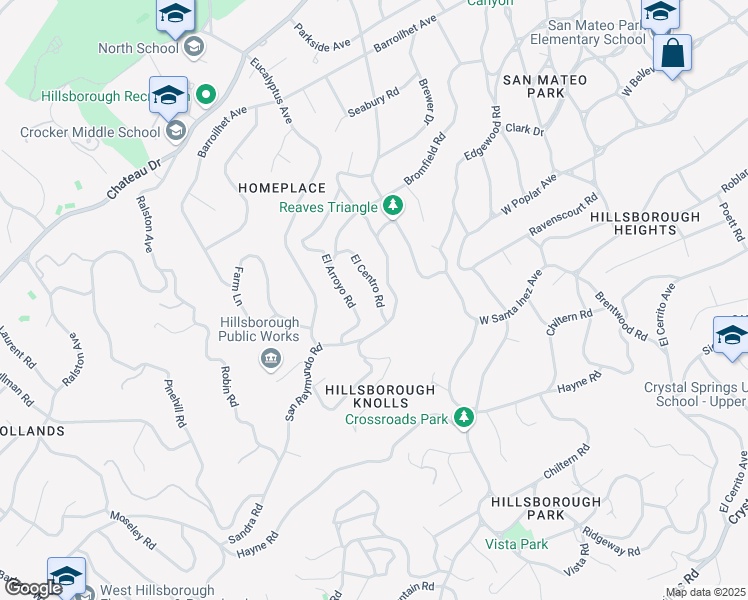 map of restaurants, bars, coffee shops, grocery stores, and more near 423 El Centro Road in Hillsborough
