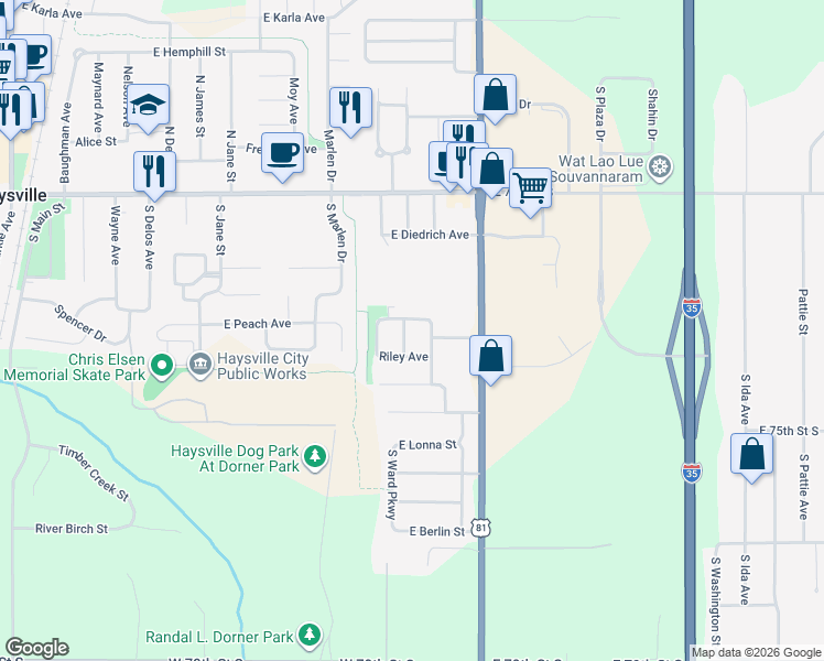 map of restaurants, bars, coffee shops, grocery stores, and more near 308 South Sunnyside Road in Haysville