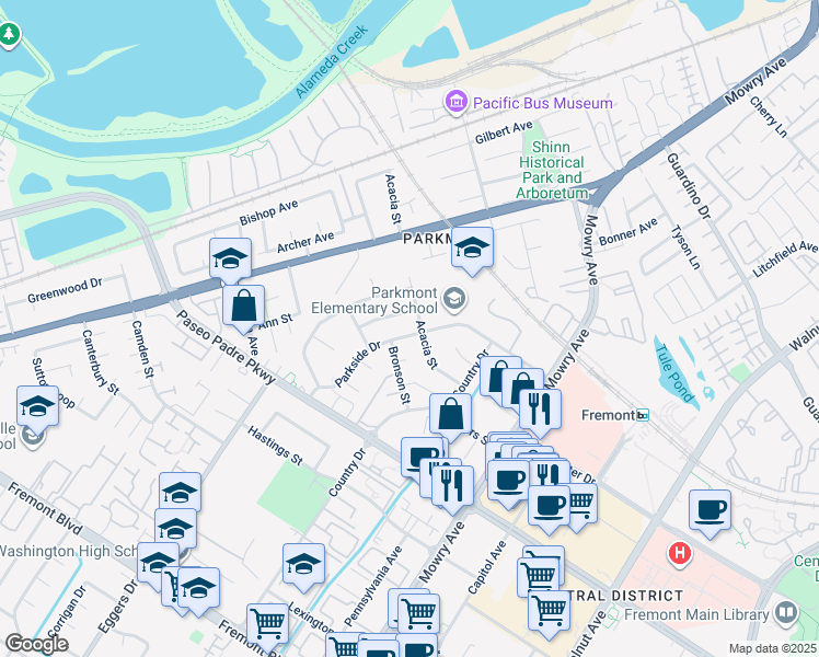 map of restaurants, bars, coffee shops, grocery stores, and more near 2641 Parkside Drive in Fremont