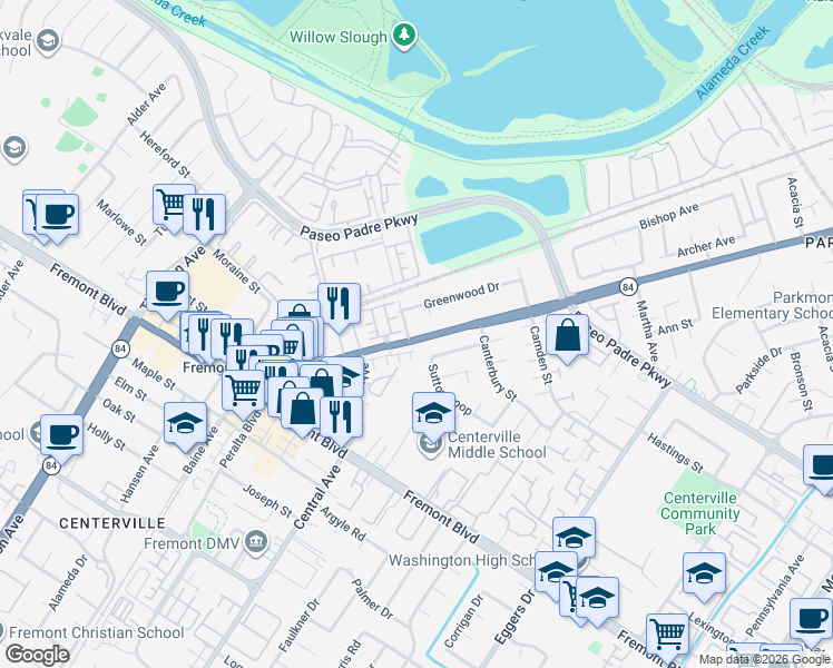 map of restaurants, bars, coffee shops, grocery stores, and more near 3467 California 84 in Fremont