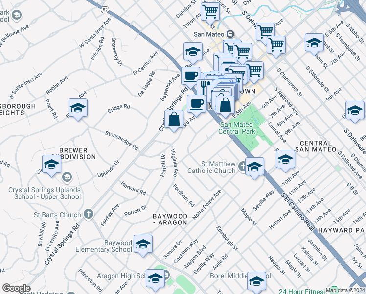 map of restaurants, bars, coffee shops, grocery stores, and more near 140 Dartmouth Road in San Mateo