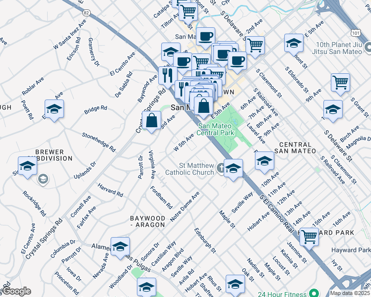 map of restaurants, bars, coffee shops, grocery stores, and more near 85 West 5th Avenue in San Mateo