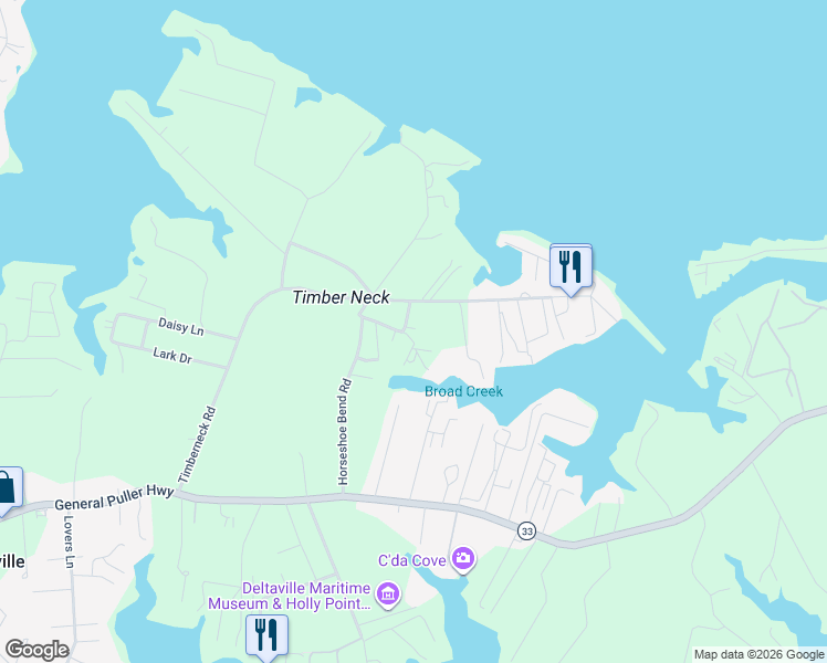 map of restaurants, bars, coffee shops, grocery stores, and more near 71-89 Captains Reef Road in Deltaville