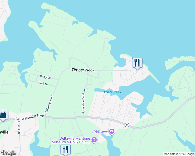 map of restaurants, bars, coffee shops, grocery stores, and more near 71 Captains Reef Road in Deltaville
