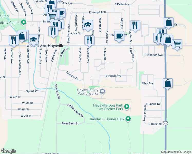 map of restaurants, bars, coffee shops, grocery stores, and more near 509 East Peach Avenue in Haysville