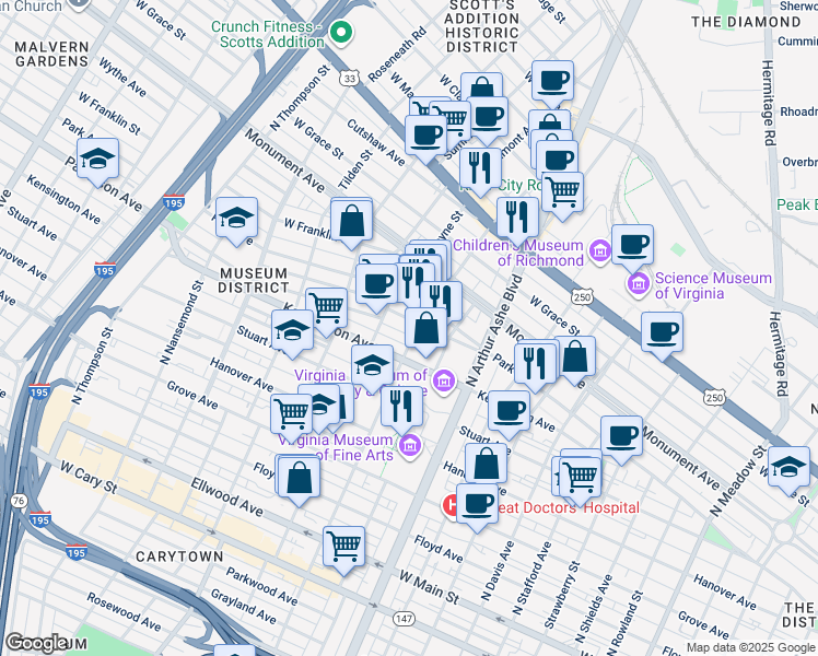 map of restaurants, bars, coffee shops, grocery stores, and more near 522 North Sheppard Street in Richmond