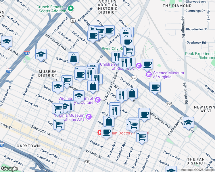 map of restaurants, bars, coffee shops, grocery stores, and more near 608 N Boulevard in Richmond