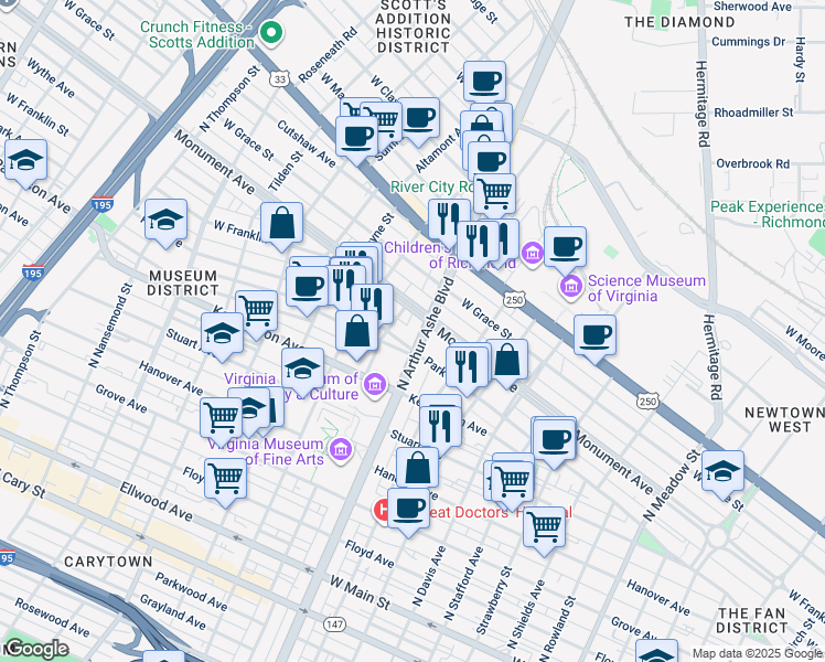 map of restaurants, bars, coffee shops, grocery stores, and more near 604 North Arthur Ashe Boulevard in Richmond