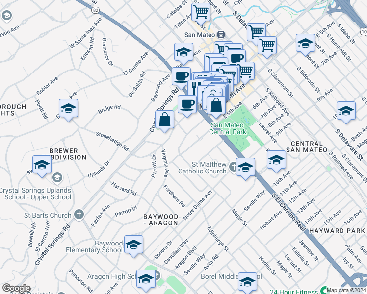 map of restaurants, bars, coffee shops, grocery stores, and more near 137 Dartmouth Road in San Mateo