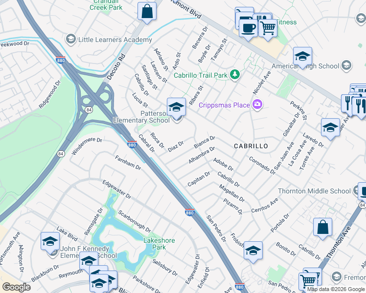 map of restaurants, bars, coffee shops, grocery stores, and more near 4645 Bianca Drive in Fremont