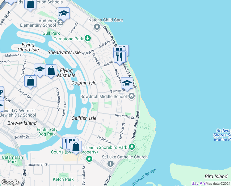 map of restaurants, bars, coffee shops, grocery stores, and more near 372 Pompano Circle in Foster City