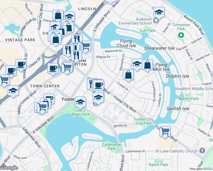 map of restaurants, bars, coffee shops, grocery stores, and more near in Foster City
