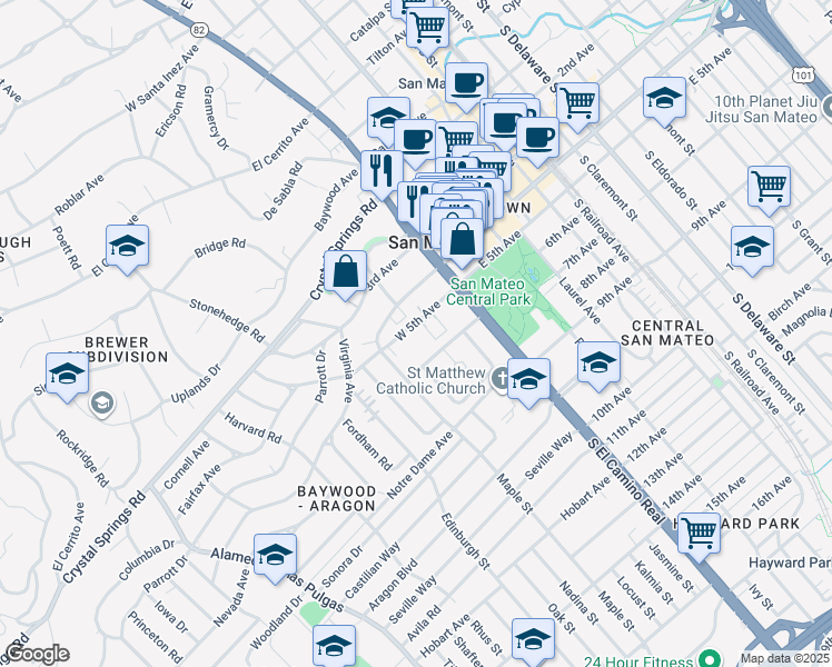 map of restaurants, bars, coffee shops, grocery stores, and more near 85 West 5th Avenue in San Mateo