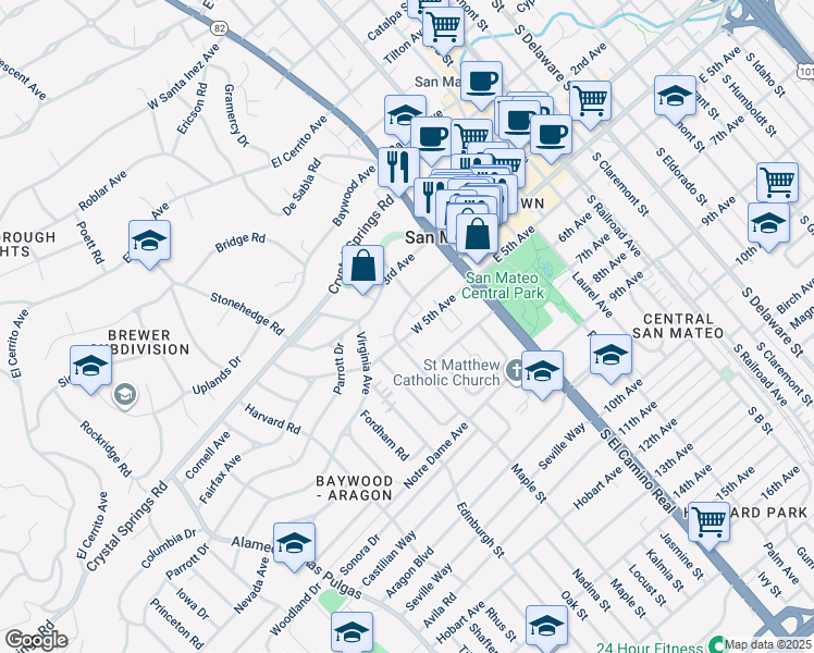 map of restaurants, bars, coffee shops, grocery stores, and more near 85 West 5th Avenue in San Mateo