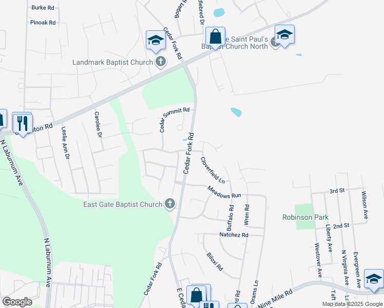 map of restaurants, bars, coffee shops, grocery stores, and more near 5101 Tiffanywoods Lane in Highland Springs