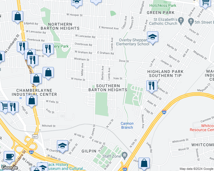 map of restaurants, bars, coffee shops, grocery stores, and more near in Richmond