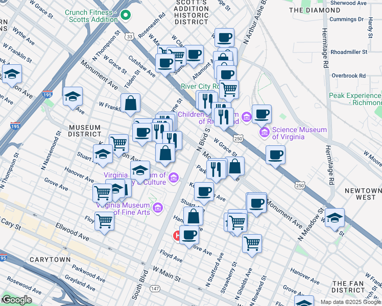 map of restaurants, bars, coffee shops, grocery stores, and more near 604 North Arthur Ashe Boulevard in Richmond