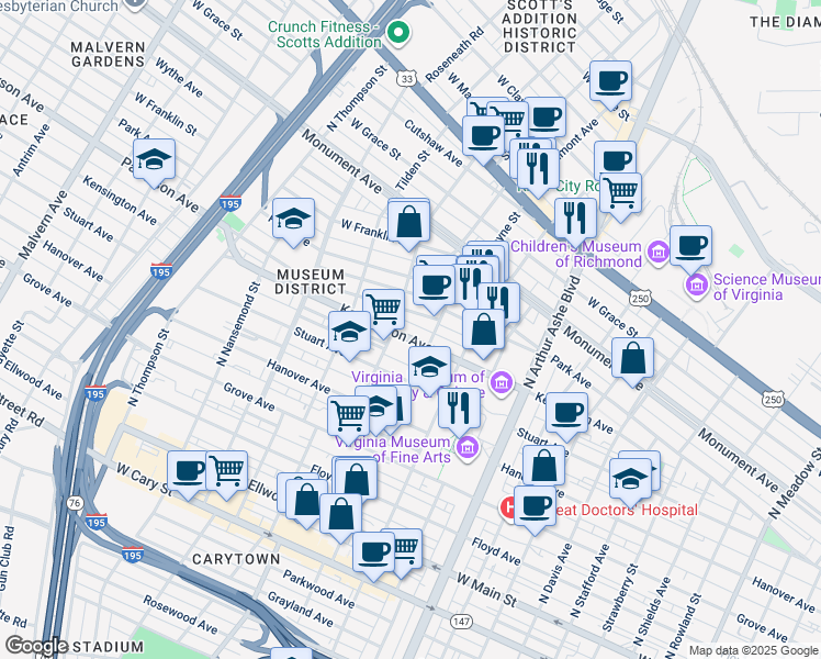 map of restaurants, bars, coffee shops, grocery stores, and more near 3104 Kensington Avenue in Richmond