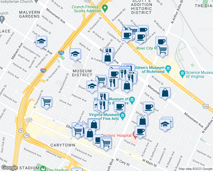 map of restaurants, bars, coffee shops, grocery stores, and more near 3104 Kensington Avenue in Richmond