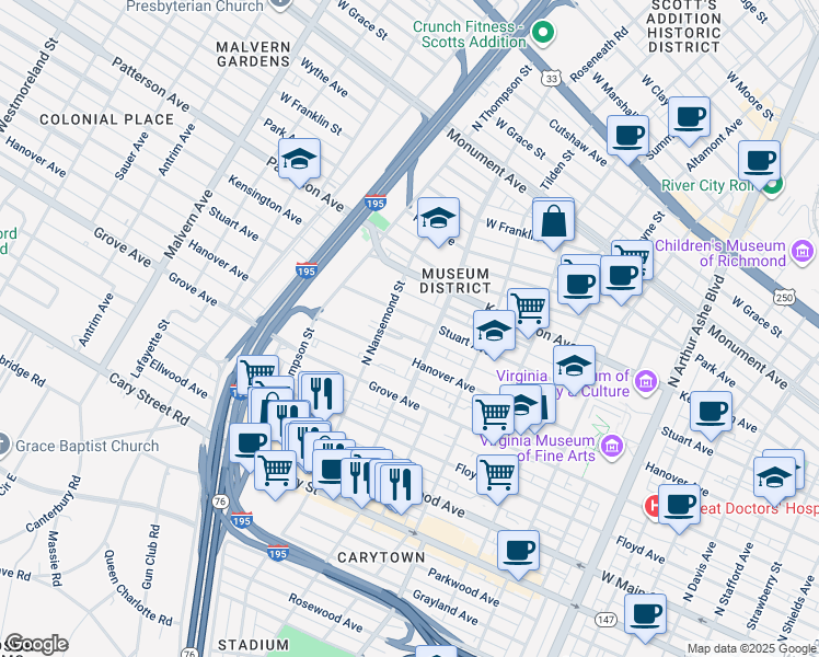 map of restaurants, bars, coffee shops, grocery stores, and more near 3407 Stuart Avenue in Richmond