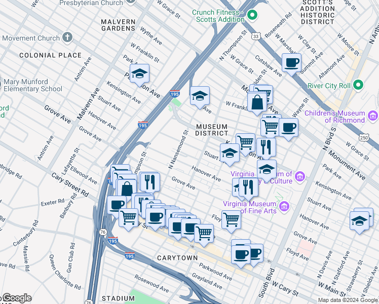 map of restaurants, bars, coffee shops, grocery stores, and more near 3407 Stuart Avenue in Richmond