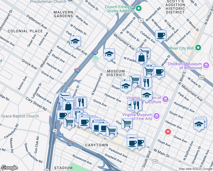 map of restaurants, bars, coffee shops, grocery stores, and more near 3407 Stuart Avenue in Richmond