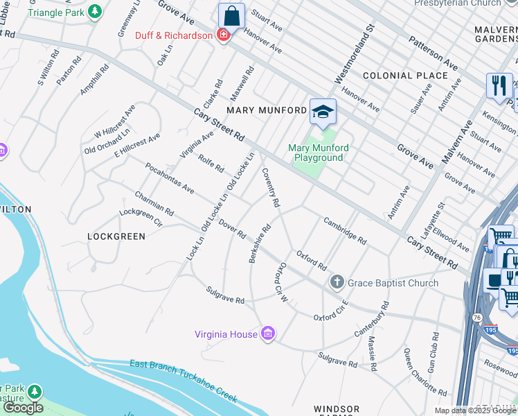 map of restaurants, bars, coffee shops, grocery stores, and more near 105 Nottingham Road in Richmond