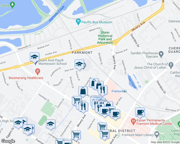 map of restaurants, bars, coffee shops, grocery stores, and more near 2535 Parkside Drive in Fremont