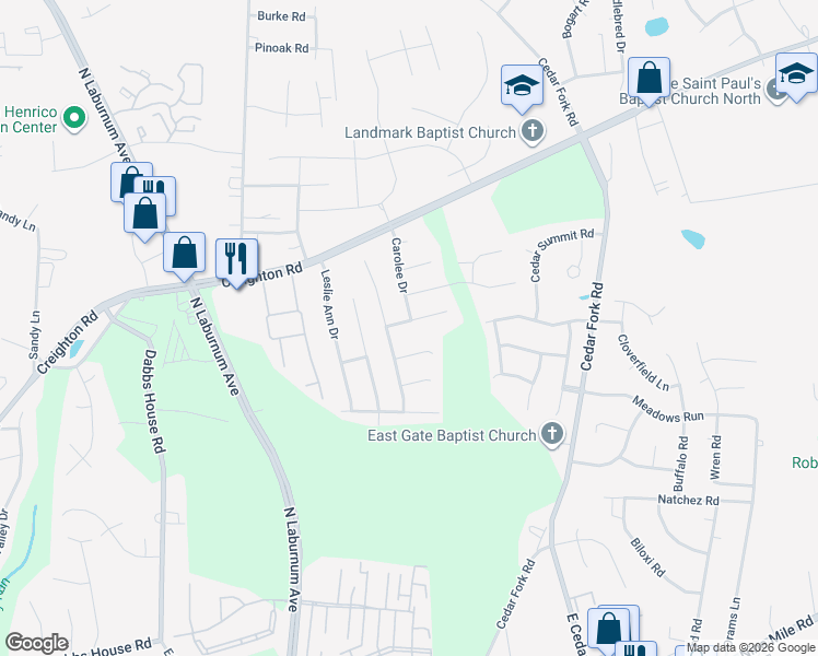 map of restaurants, bars, coffee shops, grocery stores, and more near 3813 Tighe Court in Richmond