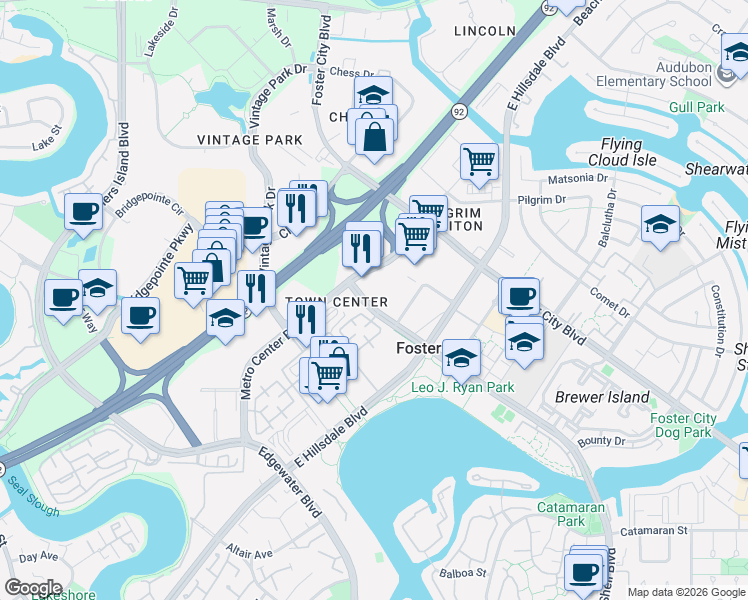 map of restaurants, bars, coffee shops, grocery stores, and more near 579 Shell Boulevard in Foster City