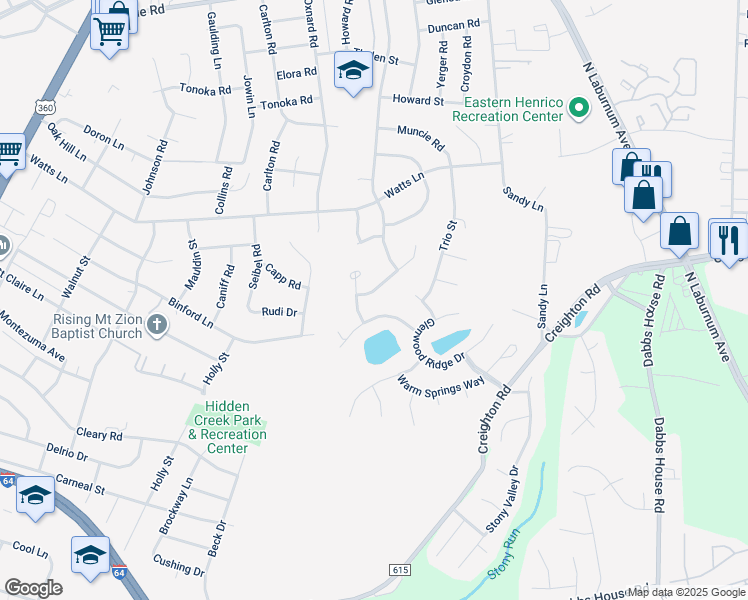 map of restaurants, bars, coffee shops, grocery stores, and more near 2628 Grand Glen Road in Richmond