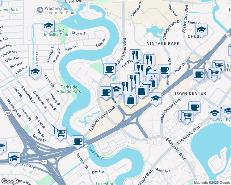 map of restaurants, bars, coffee shops, grocery stores, and more near 999 Baker Way in San Mateo