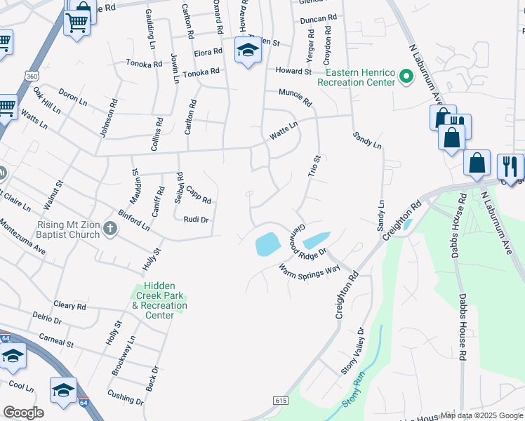 map of restaurants, bars, coffee shops, grocery stores, and more near 2628 Grand Glen Road in Richmond