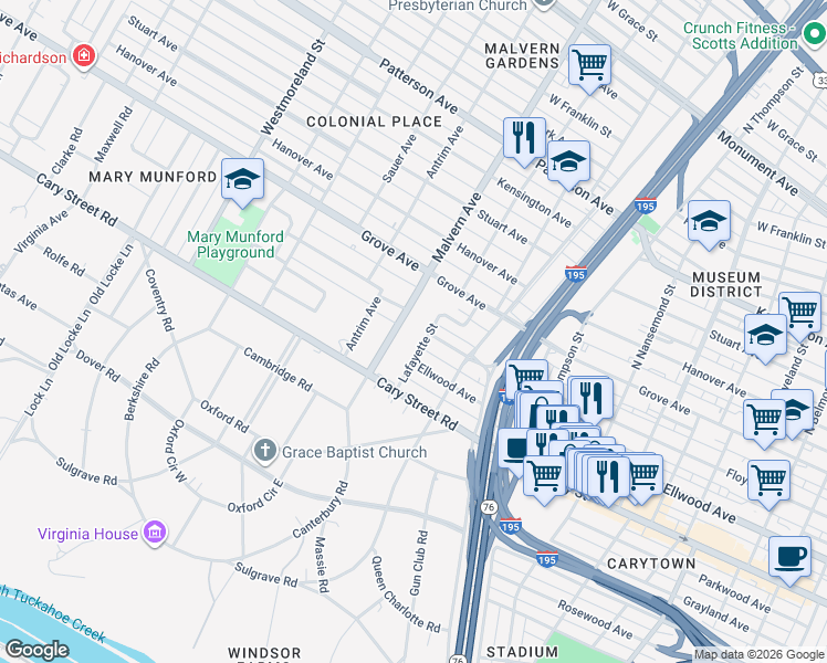 map of restaurants, bars, coffee shops, grocery stores, and more near 23 Lafayette Street in Richmond