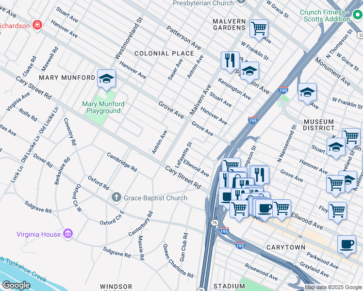 map of restaurants, bars, coffee shops, grocery stores, and more near 41 1/2 Malvern Avenue in Richmond