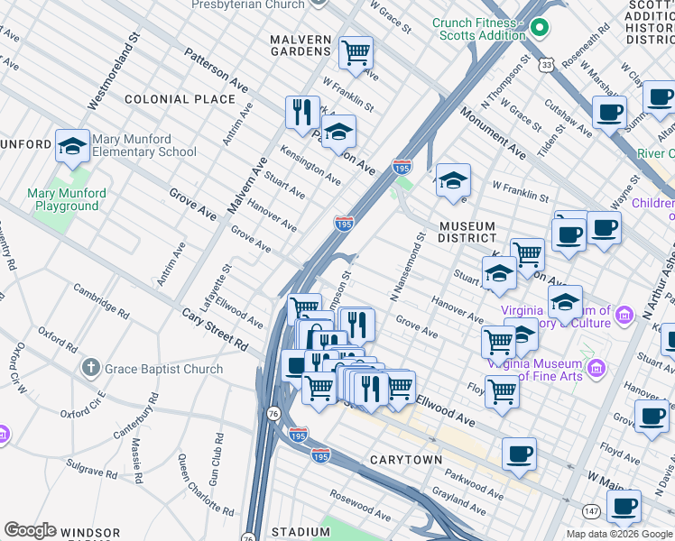map of restaurants, bars, coffee shops, grocery stores, and more near 3600 Grove Avenue in Richmond